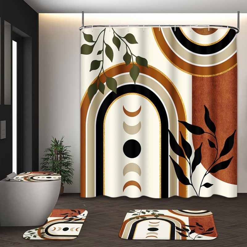 Tayney Boho Mid Century Shower Curtain Set with Toilet Lid Cover and Non-Slip Rugs, Cute Aesthetic Abstract Leaves Geometric 4 Pcs Modern Minimalist Shower Curtain for Bathroom Set with 12 Hooks - Image 1